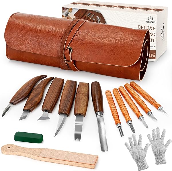15Pcs Wood Carving Kit with PU Storage Bag and Whittling Knives