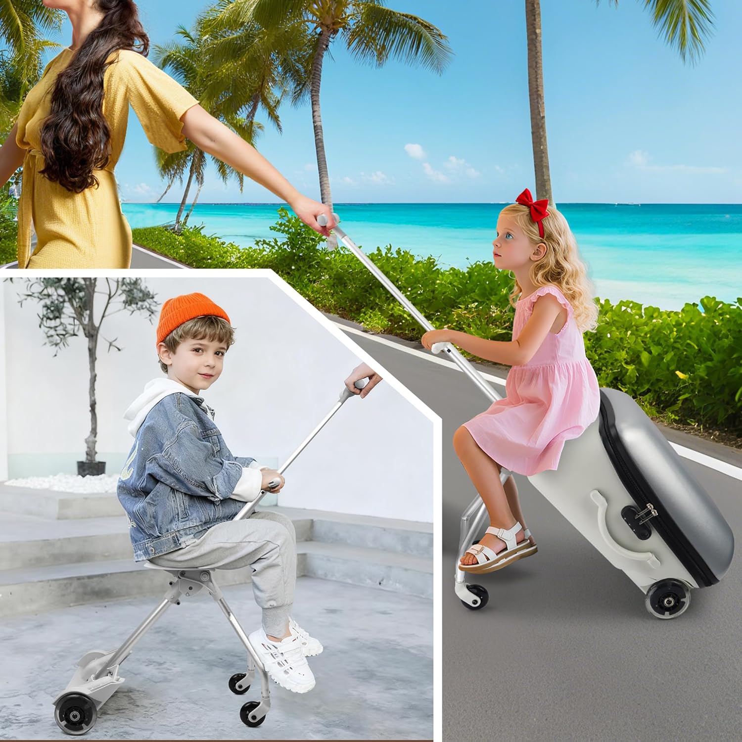 20 Inch Kids Ride On Suitcase with Seat for 3  Years Boys Girls, Children Luggage Case with Extendable Wheels, Lightweight Hard Shell,Children's Trunk and Backpack for Fun and Easy Traveling, Grey