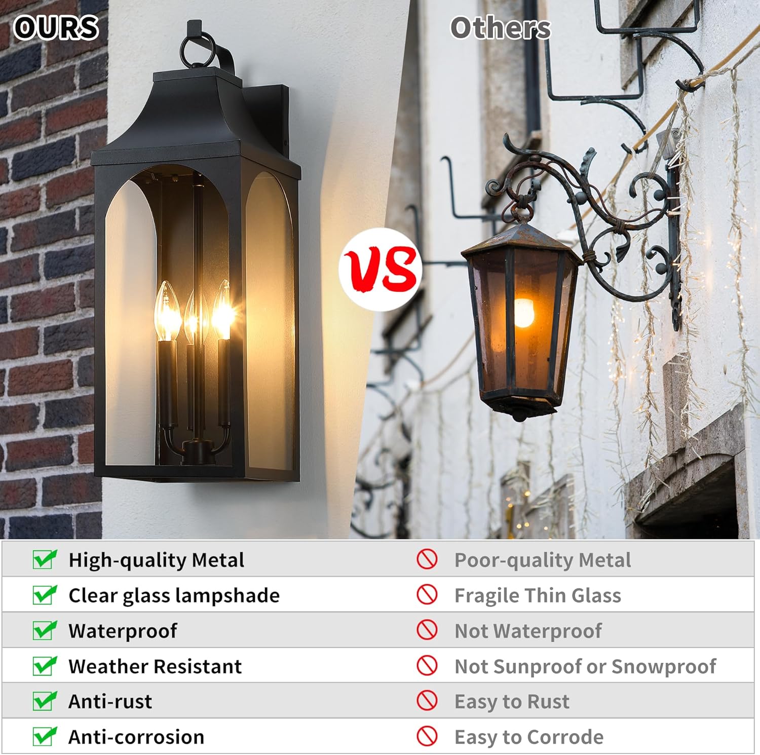 22" Outdoor Wall Lights, 3-Light Extra Large Exterior Lighting Fixture, Waterproof Porch Lights Outdoor, Black Anti-Rust Exterior Wall Lantern for House, Front Porch, Garage, E12 Socket