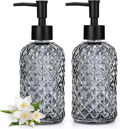 Miniatura 30 de Paquete de 2 dispensadores de jabón de vidrio con bomba de plástico negro, dispensador de jabón líquido de manos de 13 onzas, bomba a prueba de