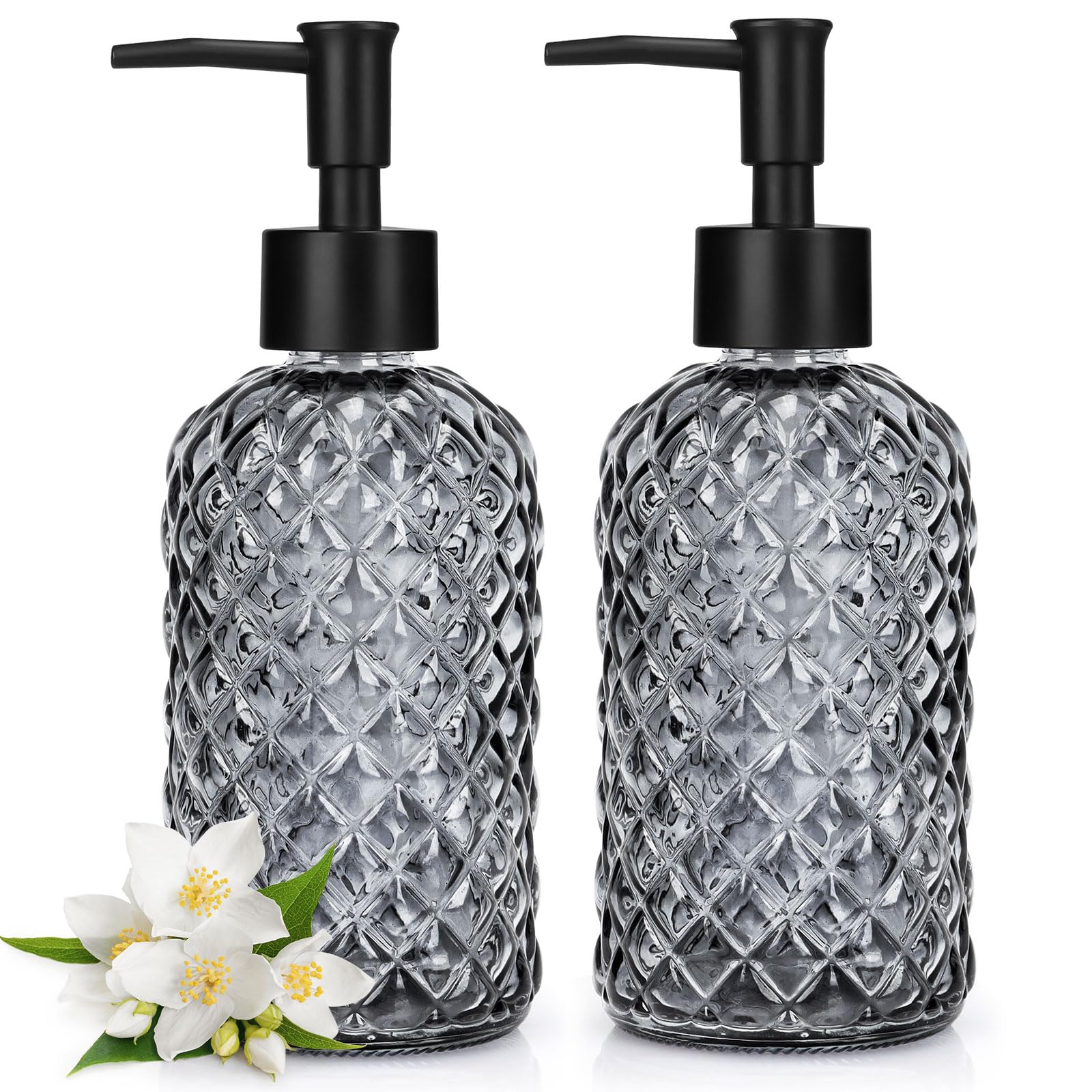 Distributeur de savon en verre (lot de 2) avec pompe noire pour cuisine