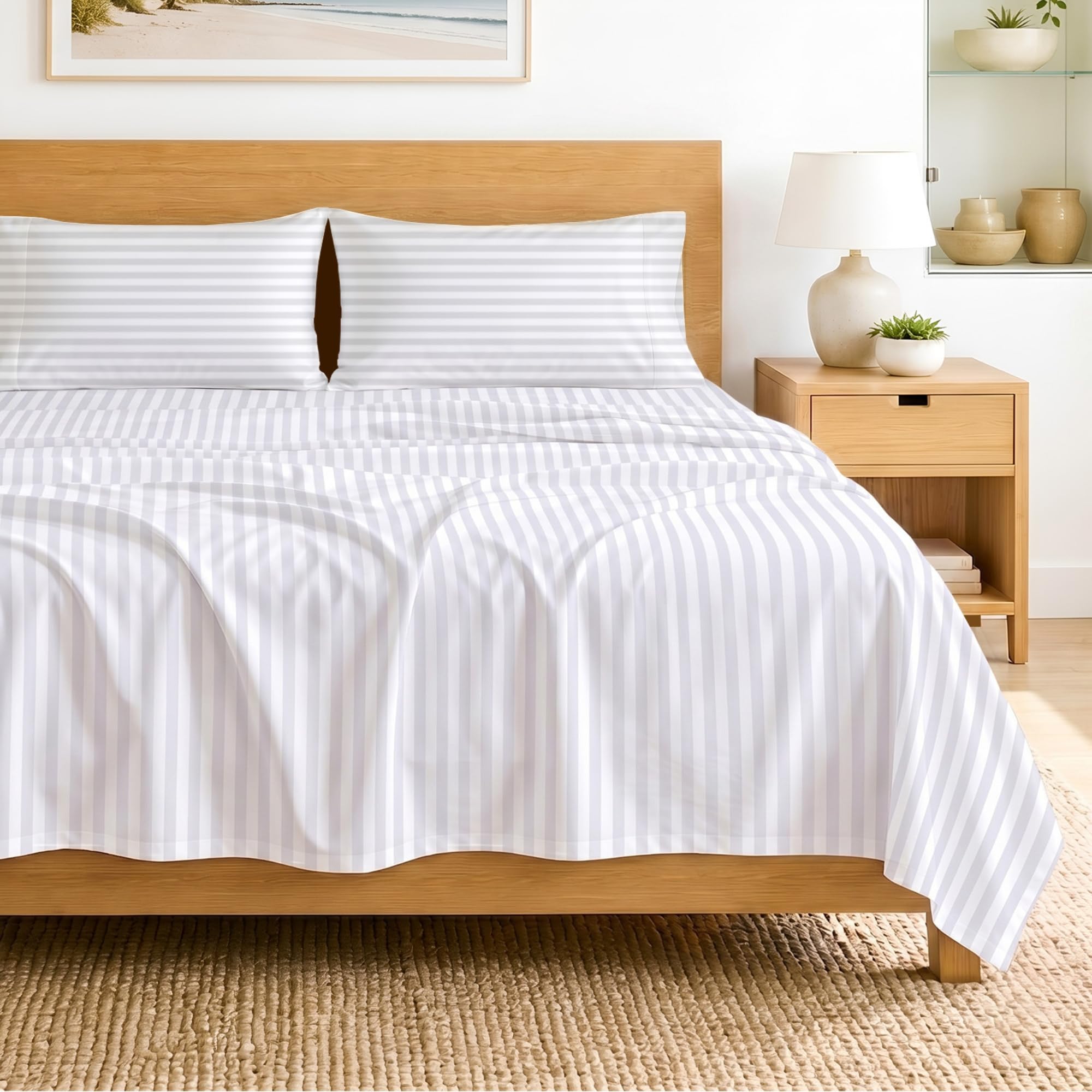 SGI bedding RV Queen Sheet Set 60x75, 600 TC Egyptian Cotton, 4 Piece Luxury Hotel Collection, Ultra Soft &amp; Breathable, Fits RV Mattress Camper &amp; Trailer, 15 Inch Pocket, White Stripe