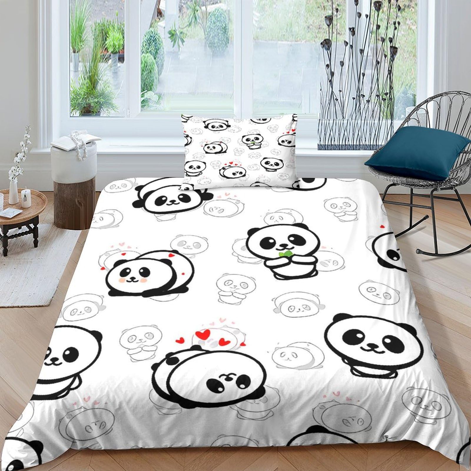Parure de lit panda fermeture éclair, housse couette microfibre respirante 135x200cm
