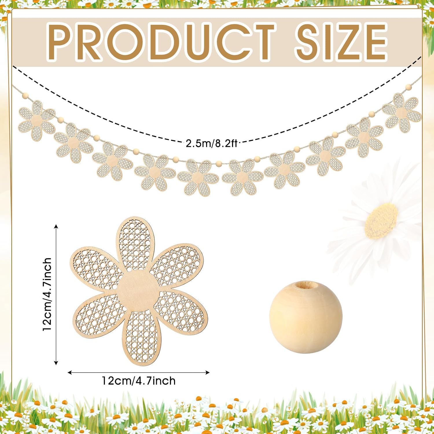 Boho Rattan Daisy Wooden Garland Watercolor Banner Cute Beads Hanging Garland Rustic Farmhouse Spring Decor for Festive Party Office School Supplies