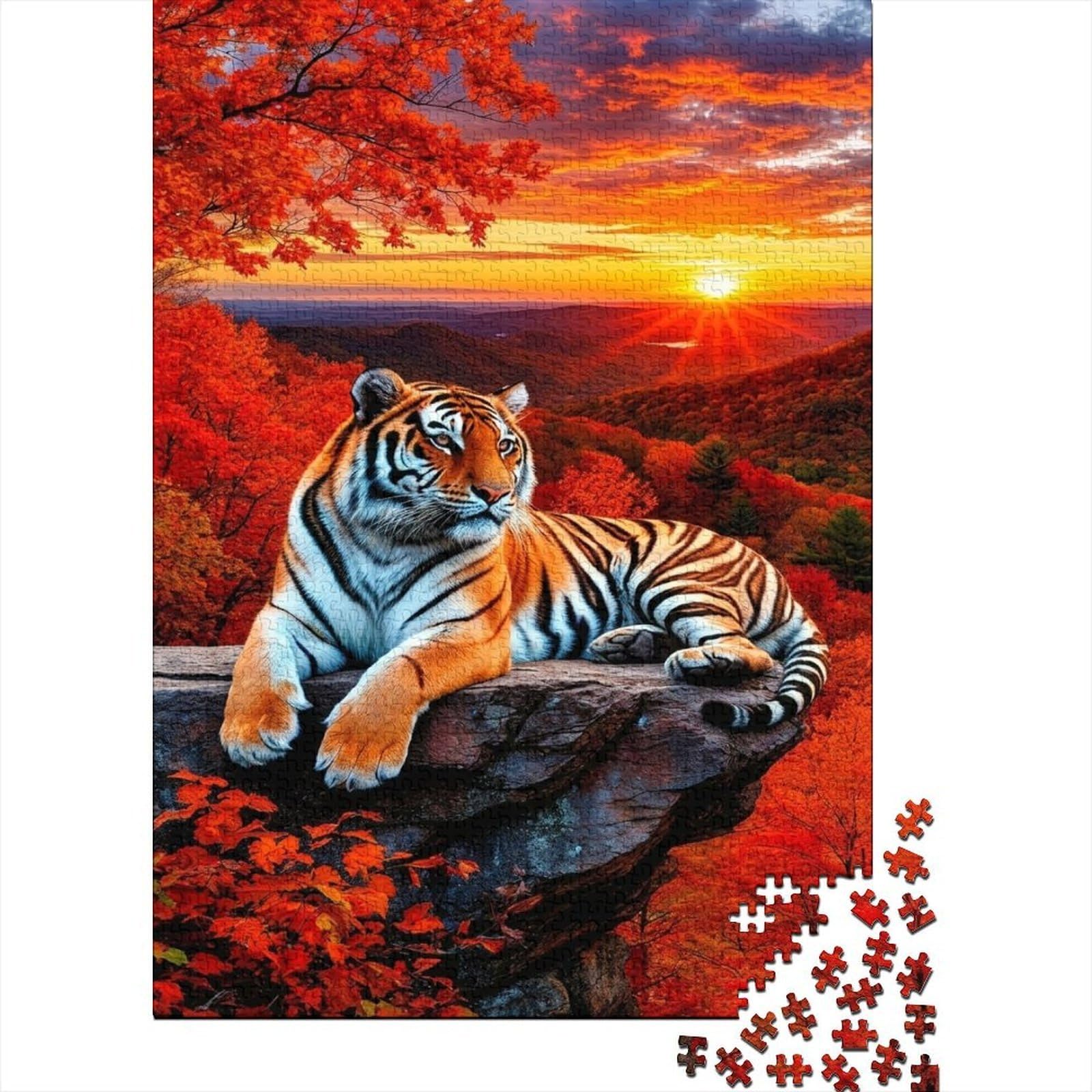 Tiger Sunset Landscape 1000pc Jigsaw Puzzle for Jigsaw Fans Sturdy Paper Home Decor Wall Art Birthday Present Mental Puzzle Game Home Decoration Jigsaw 38x26cm/1000pcs