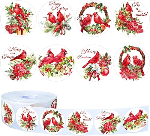 Whaline 1000 calcomanías de Feliz Navidad, 8 diseños, calcomanías de pájaro rojo cardenal, calcomanías decorativas de Navidad, calcomanías