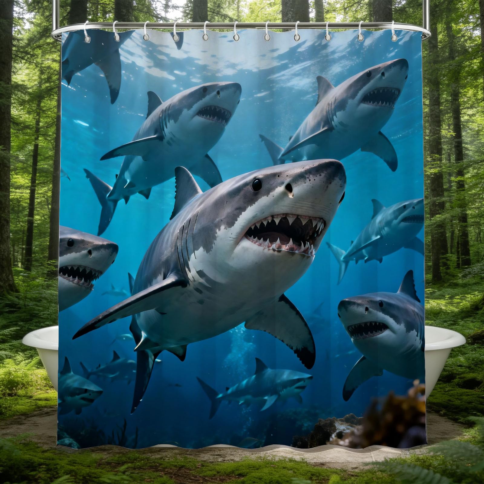 Hongduo 3D Shark Illustration Shower Curtain for Stalls Bathtubs Animal Print Bathroom Decor Shower Curtain Set Polyester Fabric Waterproof 180x200cm/71X79 Inch with Hooks