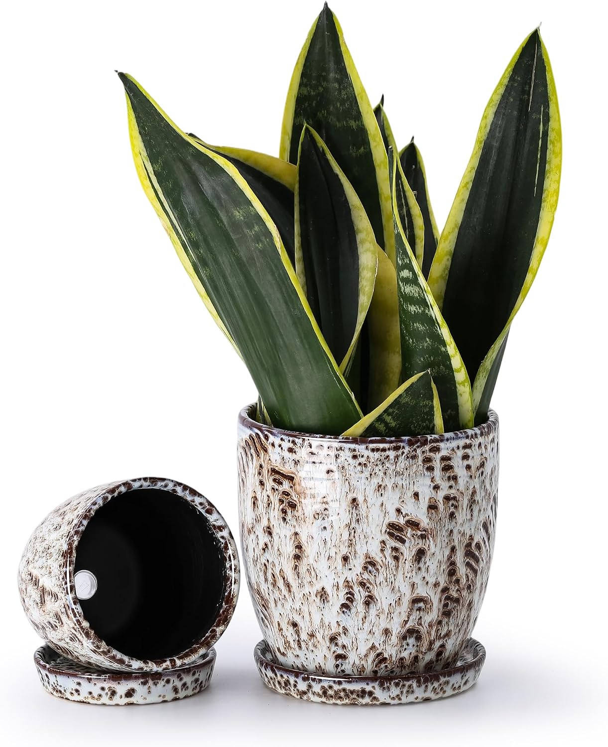 4+5.75 Inch Ceramic Planter Set of 2 with Drainage Hole and Saucer for Plants, Indoor-Outdoor Large Round Succulent Orchid Flower Pot -Reactive Glaze Speckled(Inner-pots not Larger Than 5 Inch)
