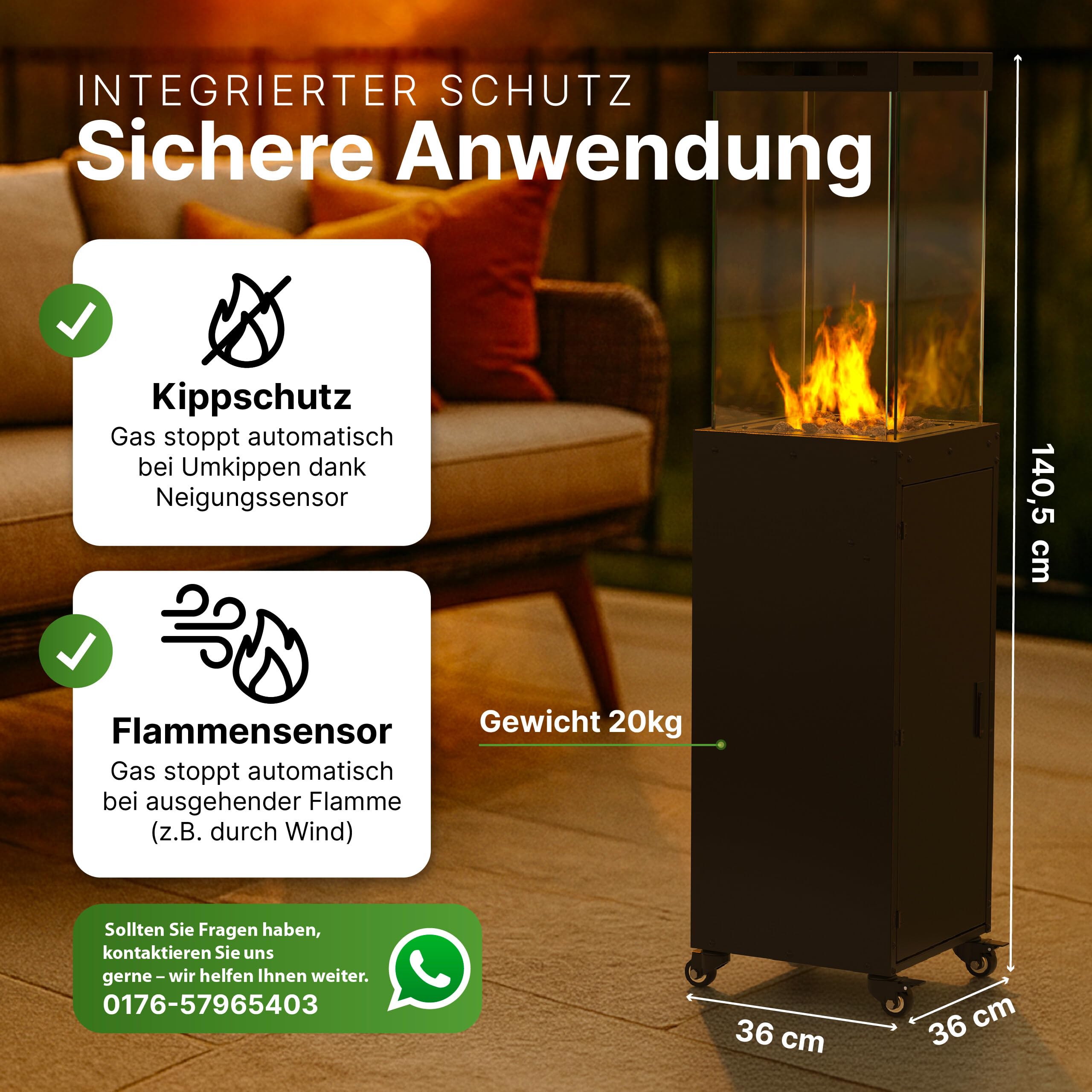 Gartenzeit Chauffage de terrasse à gaz avec cylindre en verre - Dimensions : 36 × 36 × 140,5 cm - 8 kW - Chauffage à gaz pour terrasse et jardin - Parasol chauffant avec protection anti-basculement et