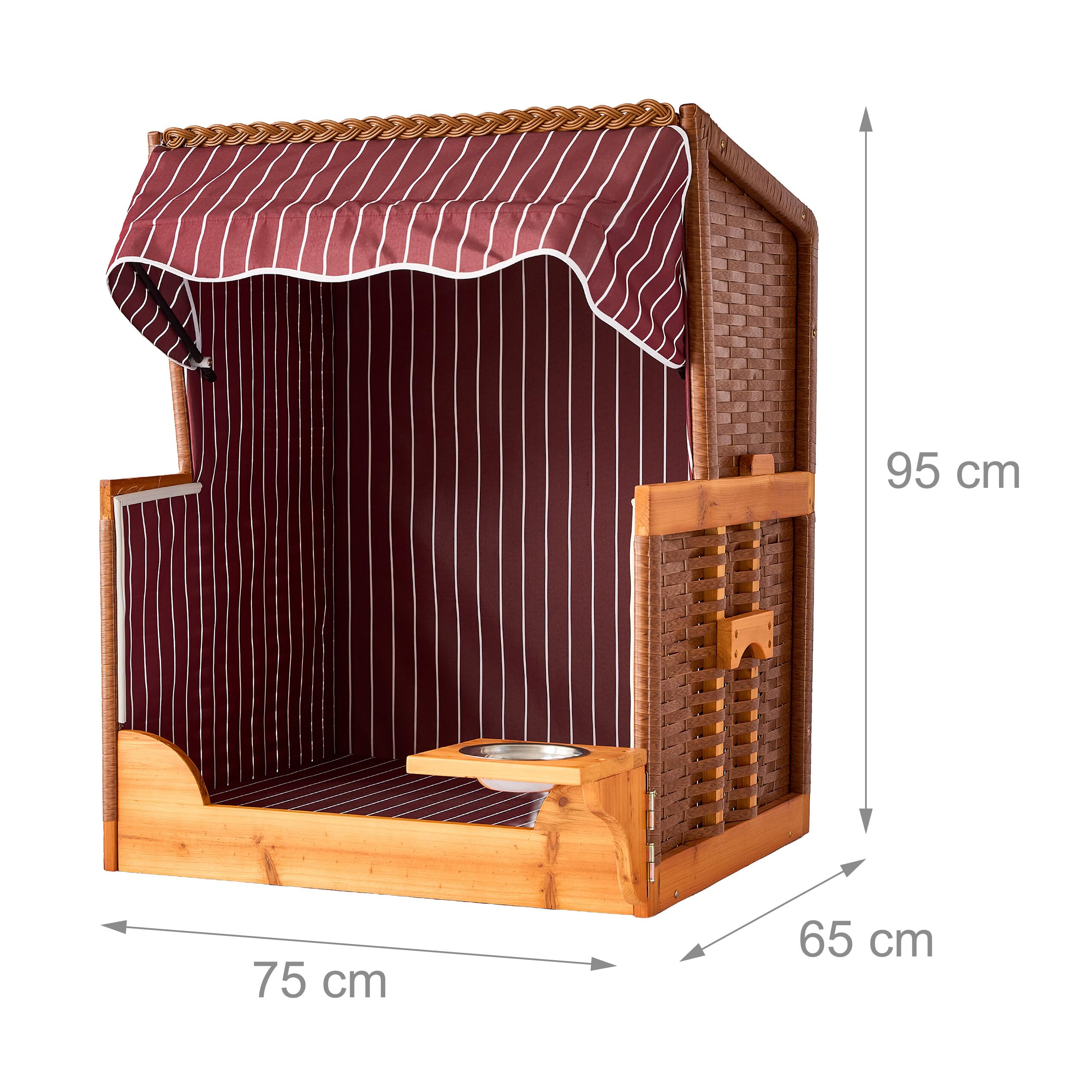 Relaxdays Fauteuil Chien en rotin avec Toit et gamelle, 95x75x65 cm, Jardin/terrasse, Bois, Rouge foncé