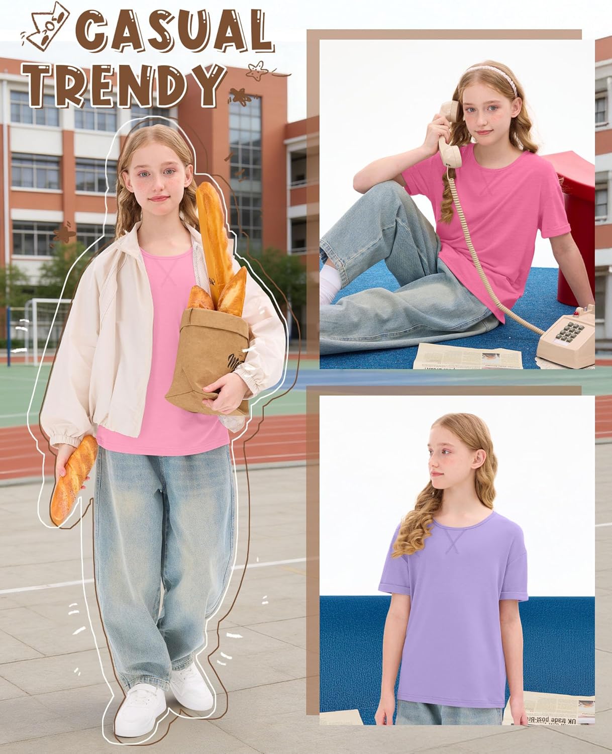 3 Pack Girls Short Sleeve T Shirts Kids Loose Fit Crew Neck Tops Rolled Cuff Summer Basic Casual Tees Blouse - Image 6