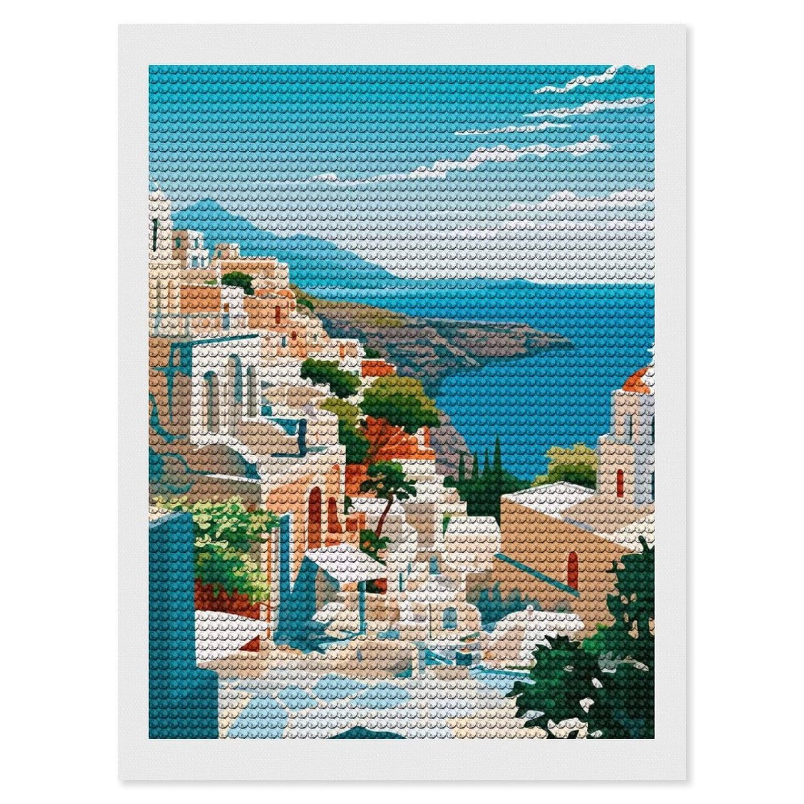 Junmoney Mediterranean Village Seascape Full Drill Diamond Painting Kit 12"x16", Mindful Craft Activity, Bedroom Decor, for Adults, Gift Idea
