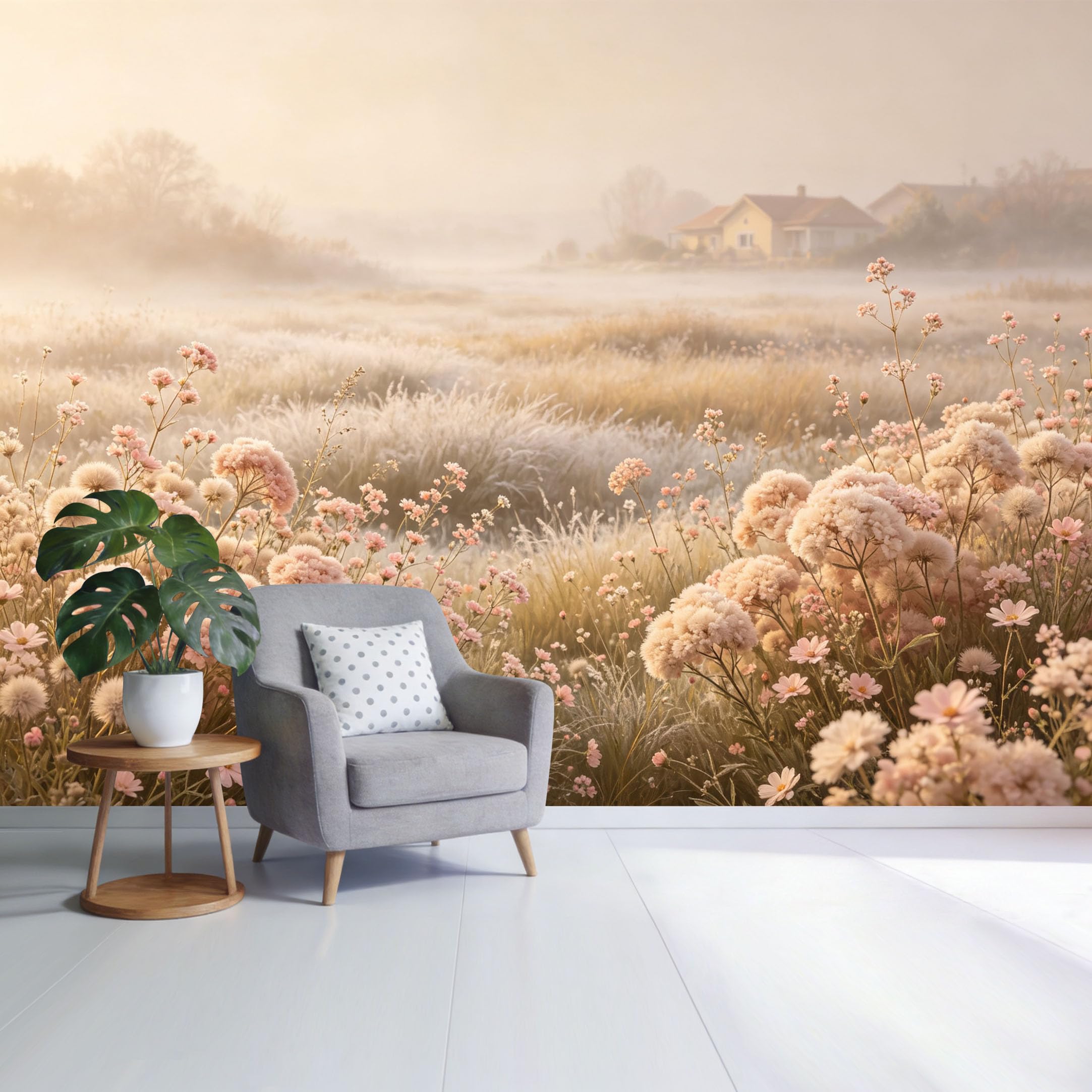 Custom Size Wall Mural Frosty Meadow Pink Wildflowers Morning Landscape Botanical Pastel Field SelfAdhesive Wall Fabric Removable Wallpaper for Home Office Decor