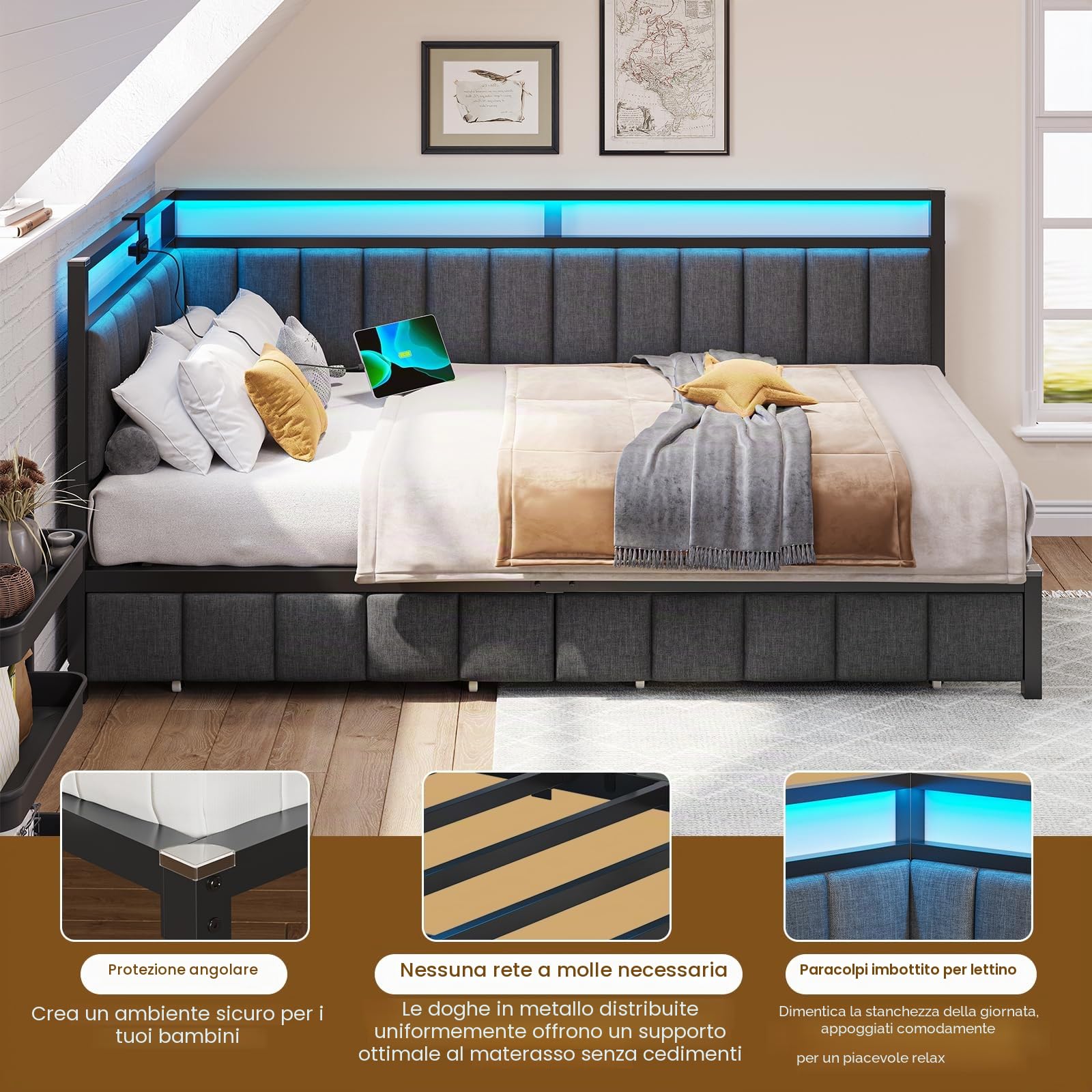 DICTAC Divano letto 90 x 200 con illuminazione a LED e presa USB, cornice per letti 90 x 200 con rete a doghe in metallo, letto per panchina, letto con 2 cassetti di stoccaggio, grigio