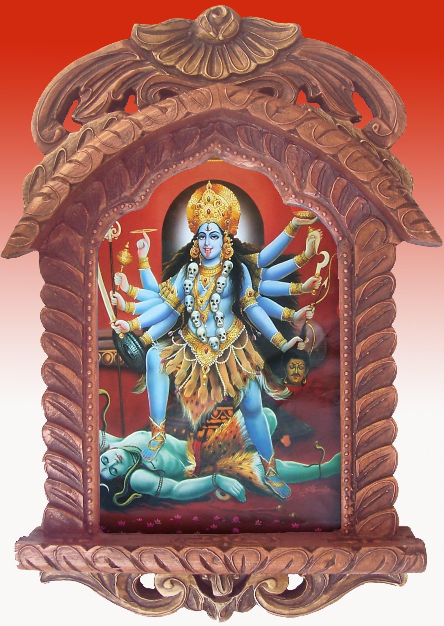 Godess Maa Kali Killing Hindu Lord Shiva Poster Painting in Wood Crafts Jharokha