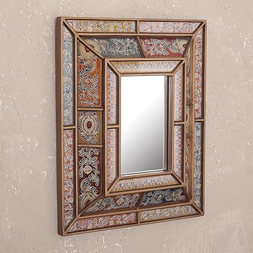 Miniatura 4 de NOVICA Espejo de pared floral de vidrio y madera, multicolor, con encanto colonial