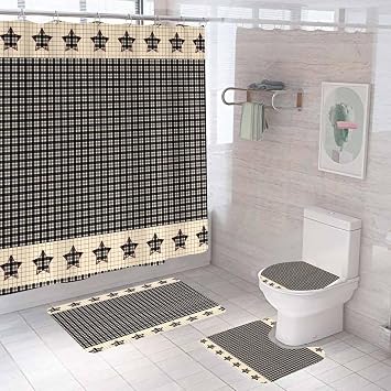 4PCS Vintage Beige Black Buffalo Plaid Shower Curtain Sets with Rugs, Primitive Shower Curtain, Waterproof Fabric Shower Curtain, Tan Checkered Check Country Rustic Farmhouse Bathroom Decor