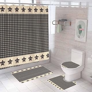 4PCS Vintage Beige Black Buffalo Plaid Shower Curtain Sets with Rugs, Primitive Shower Curtain, Waterproof Fabric Shower Curtain, Tan Checkered Check Country Rustic Farmhouse Bathroom Decor