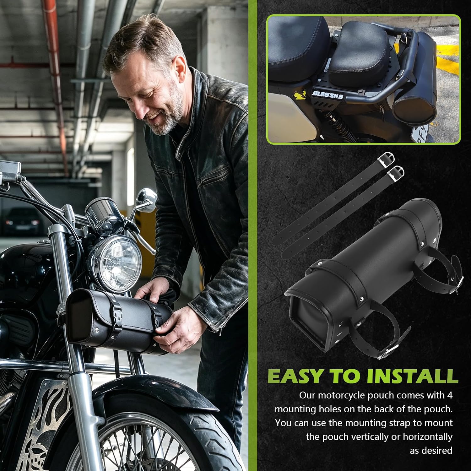 Motorcycle Handlebar Bag,Waterproof Leather Motorcycle Fork Bag with Adjustable Mounting Straps for Umbrellas,Phones,Universal Motorcycles Tool Bags for Front Fork Handlebar