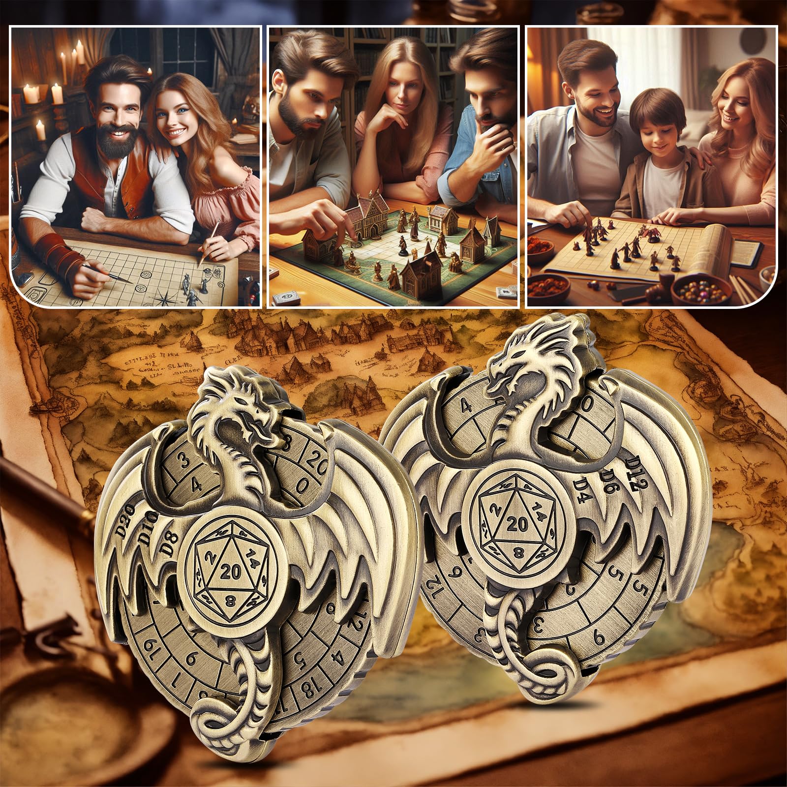 DND Ruota Dadi Spinner - 7-in-1 Drago Metallici D&D con Roulette, Gyro di Dito, Scatola Regalo, Accessori per Giochi di Ruolo e Società - Bronzo