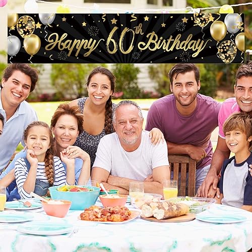 Vista 5 de Cartel de feliz cumpleaños 60 para hombres y mujeres, letrero negro y dorado con purpurina de 60 años, suministros de decoración de fiesta