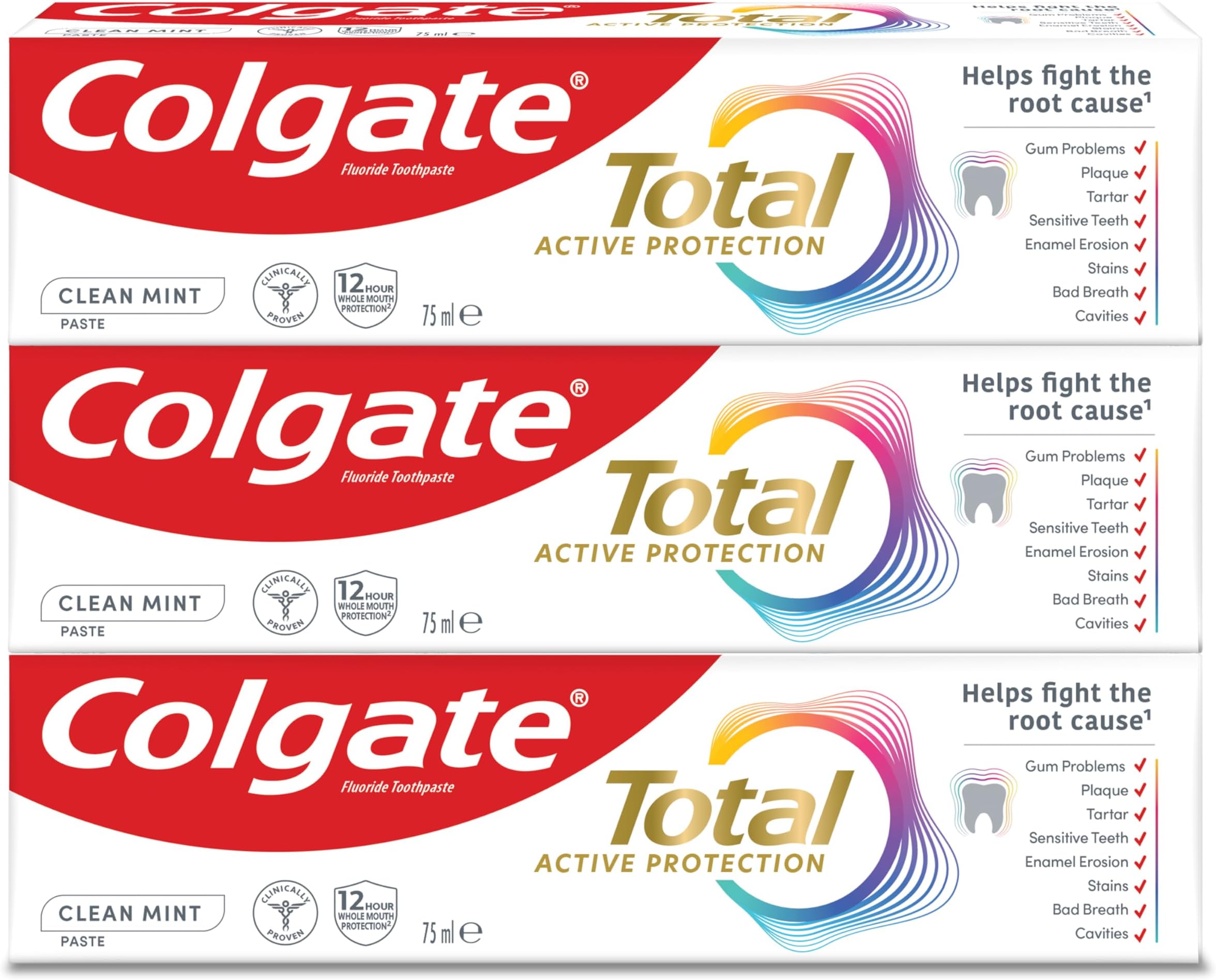 Total Active protection, toothpaste, Clean Mint, Helps stop problems before they start, 3x75ml