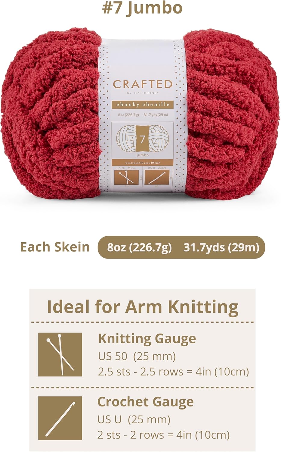 Crafted By Catherine Chunky Chenille Yarn - 8 Pack (8 oz / 227 g, 31.7 Yards Each Skein), Dark Red, Gauge 7 Jumbo