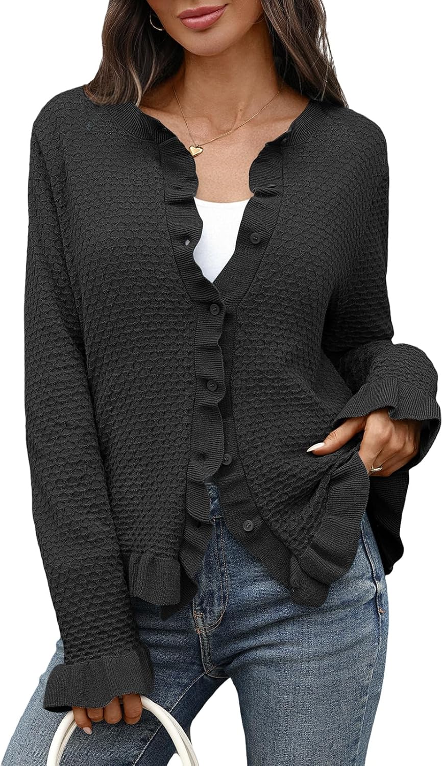 Women's Ruffle Cardigan Sweaters Knit Texture Crew Neck Cropped Long Sleeve Button Down Tops