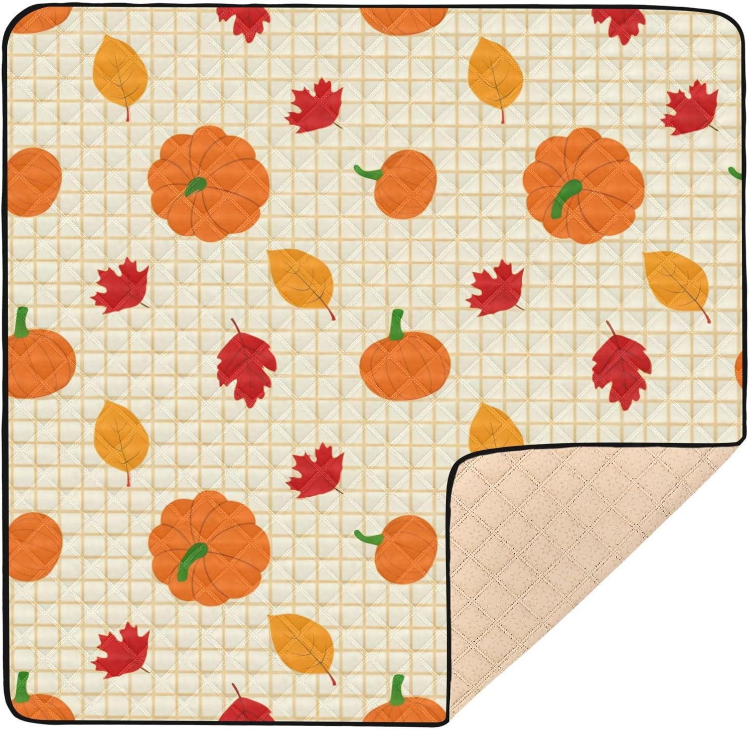 Pumpkins and Leaves Baby Play Mat, 50“ X 50” Washable Folding Crawling Mat, Baby Floor Mat, Soft, Non-Slip