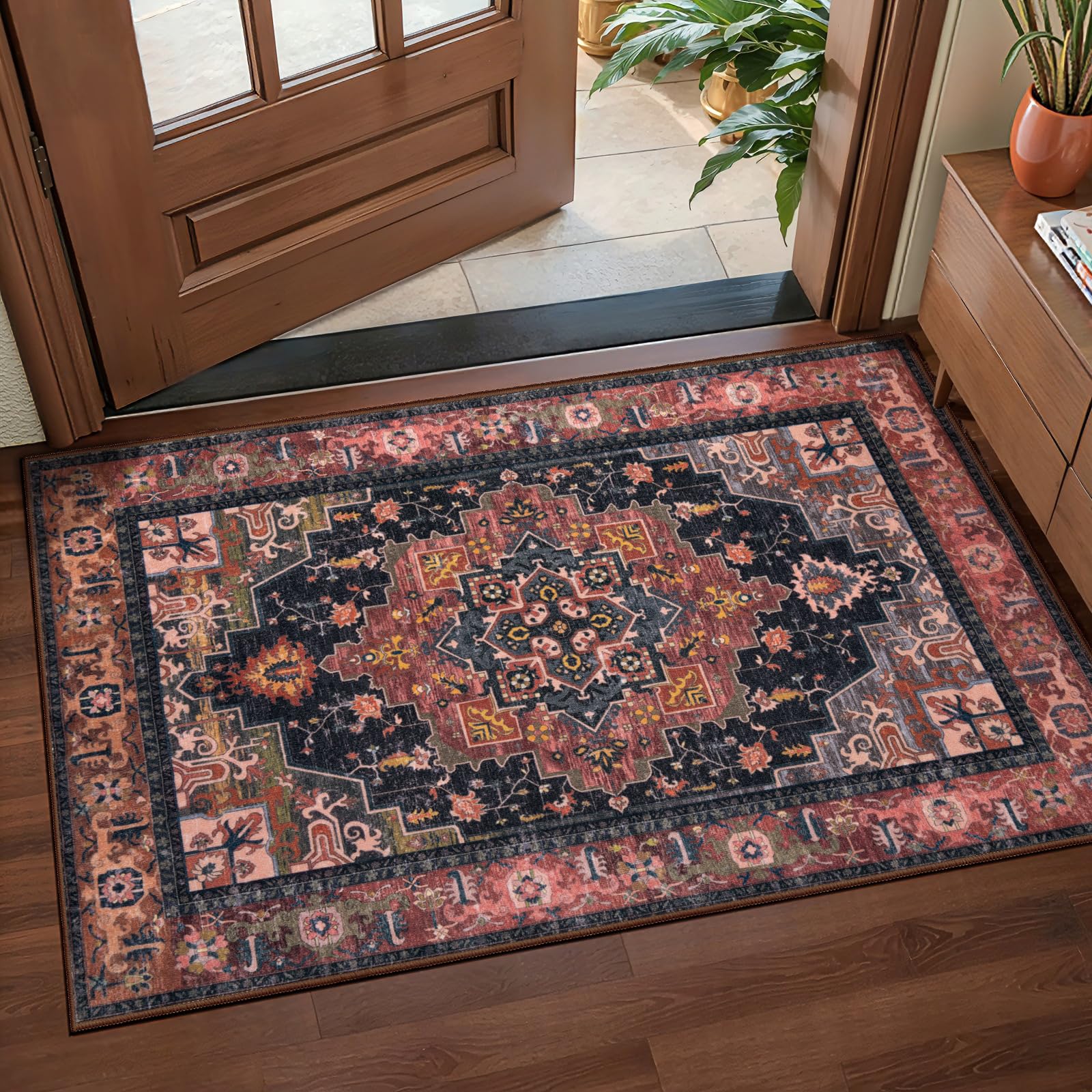 Tangsoo 2x3 Washable Rug for Entryway, Vintage Non Slip Small Area Rug, Indoor Front Door Rug, Print Door Mat Small Carpet, Soft Low Pile Rugs for Entrance Kitchen Bedroom Home Decor
