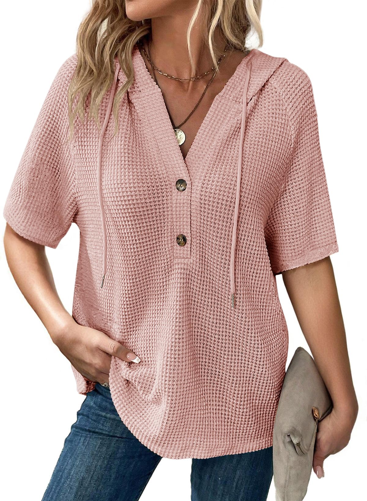 Dokotoo Womens Summer Tops Waffle Knit Short Sleeve Lightweight Drawstring Hoodies Button V Neck Casual Blouses Shirts
