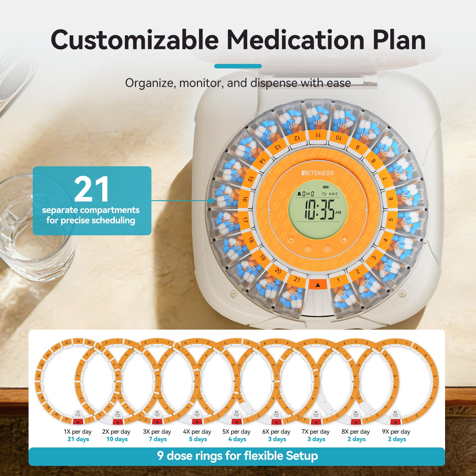 Retekess TH017 Distributeur Automatique de pilules, Distribution Automatique des Médicaments, Facile à Utiliser, 21 Compartiments, Fonction Mémoire en cas de Coupure de Courant, pour les Personnes âgé