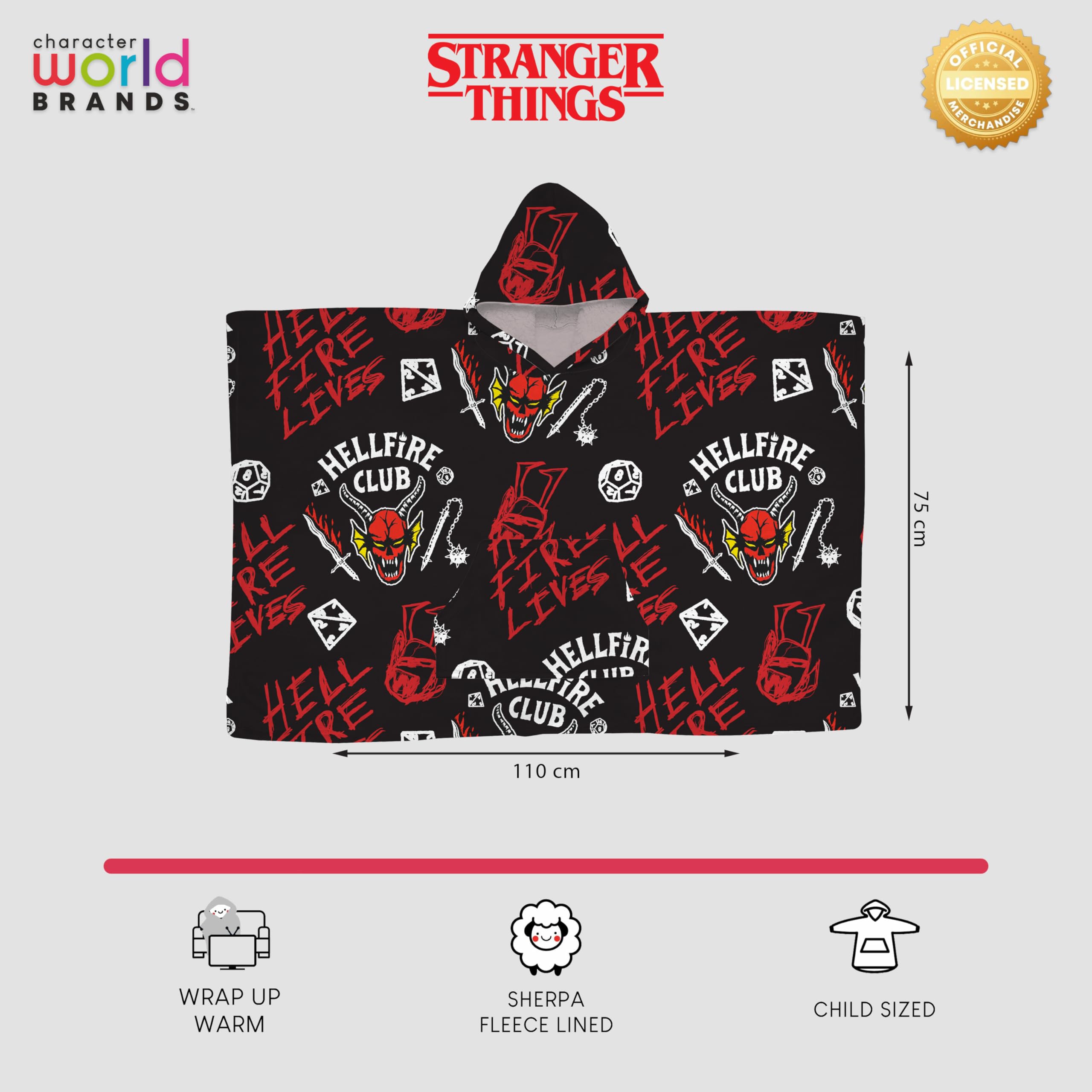 Stranger Things Poncho de forro polar con capucha oficial | Forro polar con capucha súper suave y cálido, diseño demagorgon | perfecto para el hogar, dormitorio, fiestas de pijamas y camping |