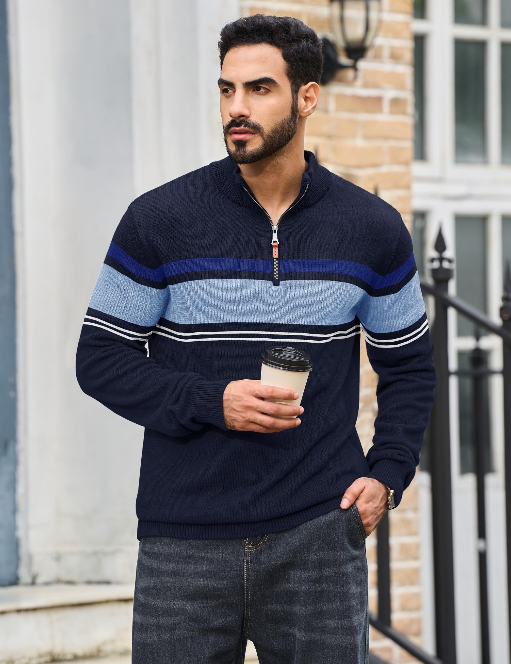 TACVASEN Pullover Herren Baumwolle Half Zip Strickpullover Winter Troyer | Stehkragen, Warm, Langarm, Sweater, Gestreiftes, Arbeit, Freizeit