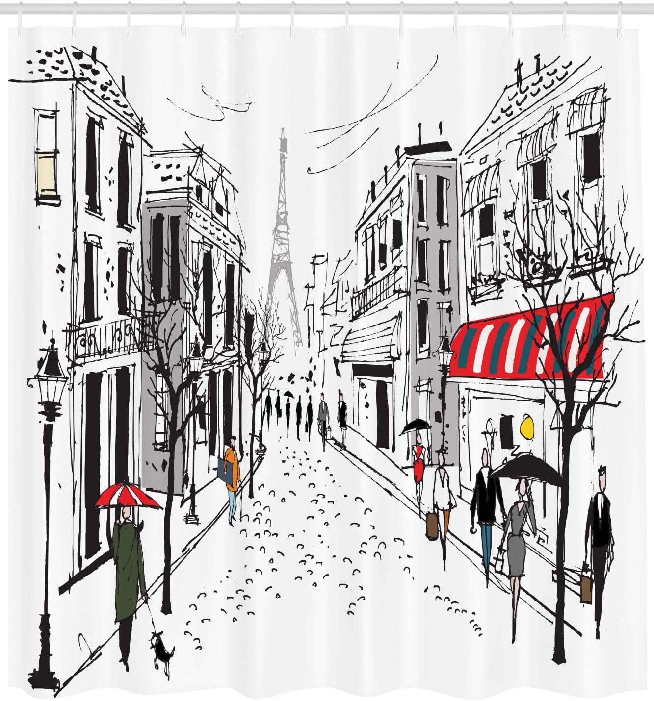 Ambesonne Paris Shower Curtain, Old French Pedestrians Stores Trees and The Silhouette of Eifffel Urban Illustration, Cloth Fabric Bathroom Decor Set with Hooks, 69" W x 75" L, Gray White