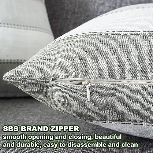 Miniatura 5 de AmHoo Juego de 2 fundas de almohada de lino y algodón con diseño de rayas para sofá, banco y sofá, 24 x 24 pulgadas, color gris claro, beige