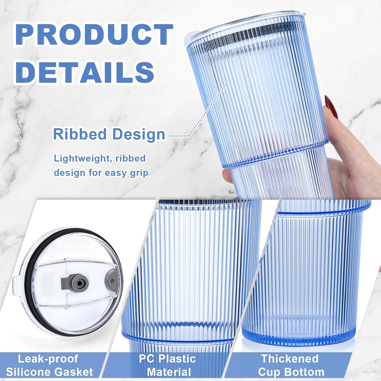 8 Pcs 20oz Acrylic Ribbed Tumblers with Lid and Straws Blue Plastic Reusable Iced Coffee Cups with Lid Unbreakable Vintage Ribbed Drinking Glasses Tumbler for Juice Smoothie Beverage with Clean Brush