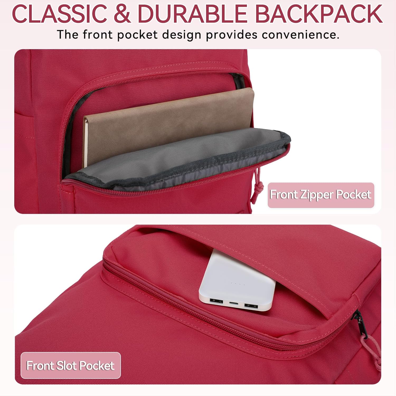 VASCHY School Backpacks, Lightweight Bookbag Schoolbag for Girls Casual Basic Simple Daypack for Women Red - Image 4