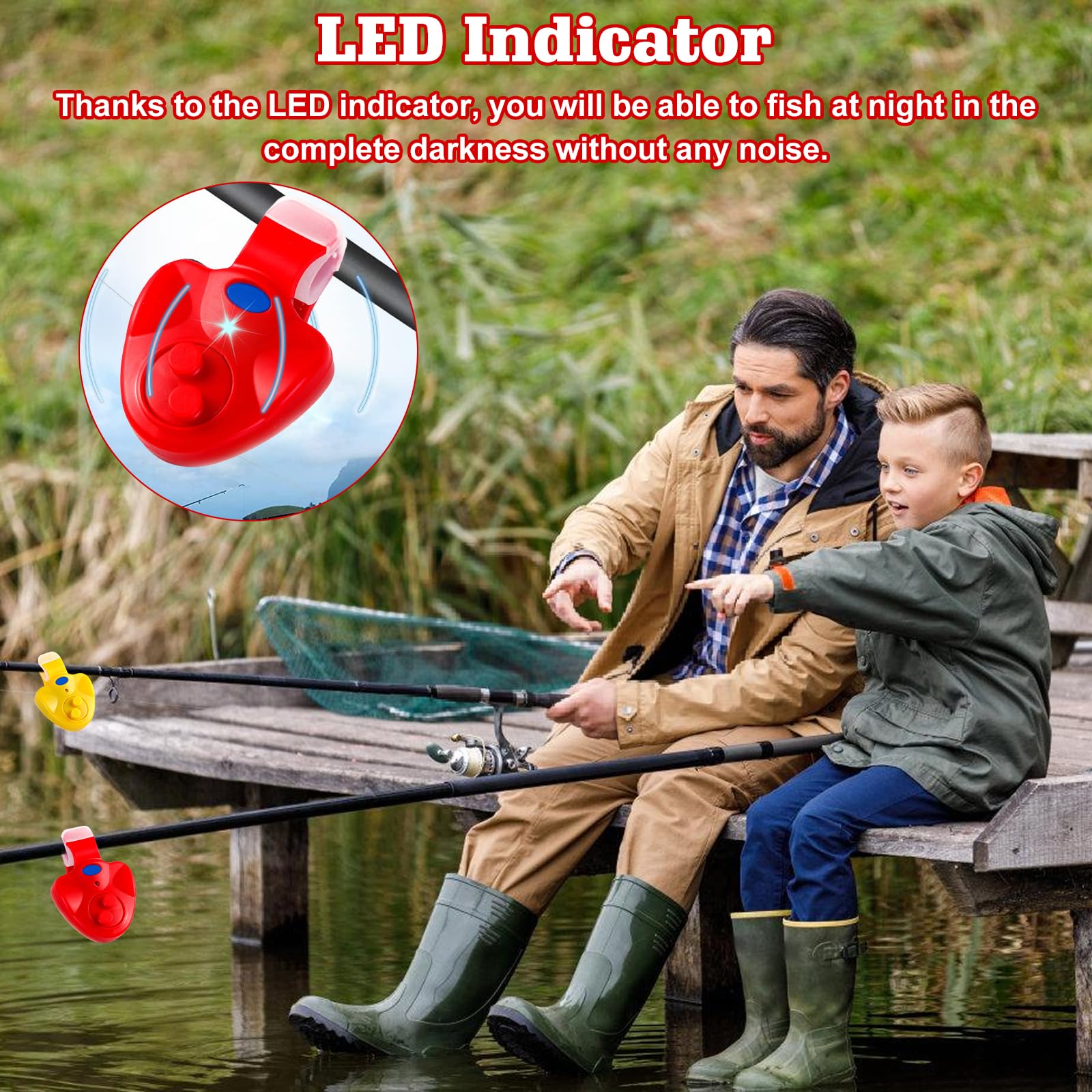 Lot de 4 indicateurs de touche lumineux (swingers) pour la pêche à la carpe, Red/Blue/Green/Yellow Lot de 4 indicateurs de touche lumineux (swingers) pour la pêche à la carpe, Red/Blue/Green/Yellow