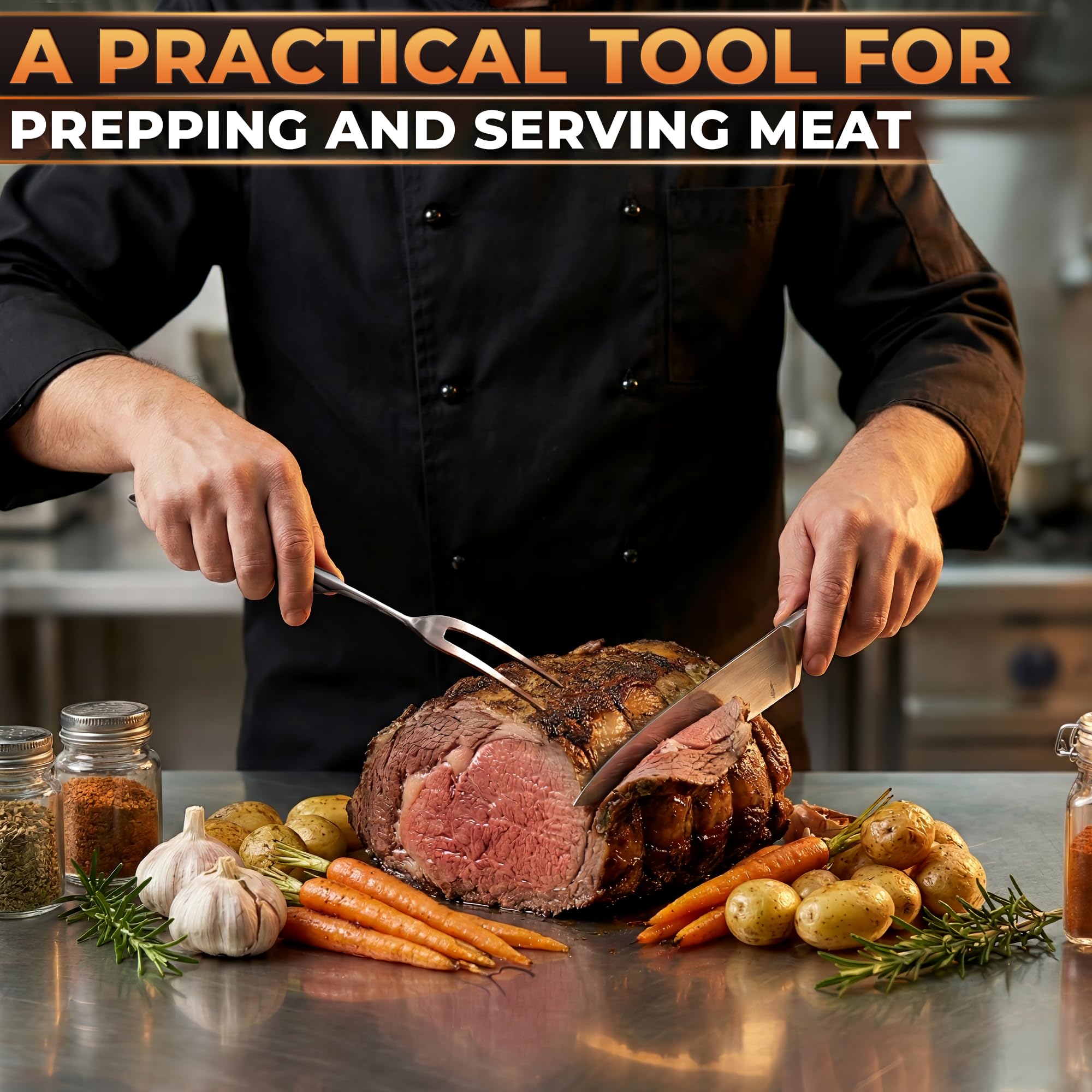 2 tenedores para trinchar carne, tenedor de carne de acero inoxidable con mango resistente al calor para asar, cocinar, servir, utensilios de tallado rectos y curvados fáciles de limpiar con diseño