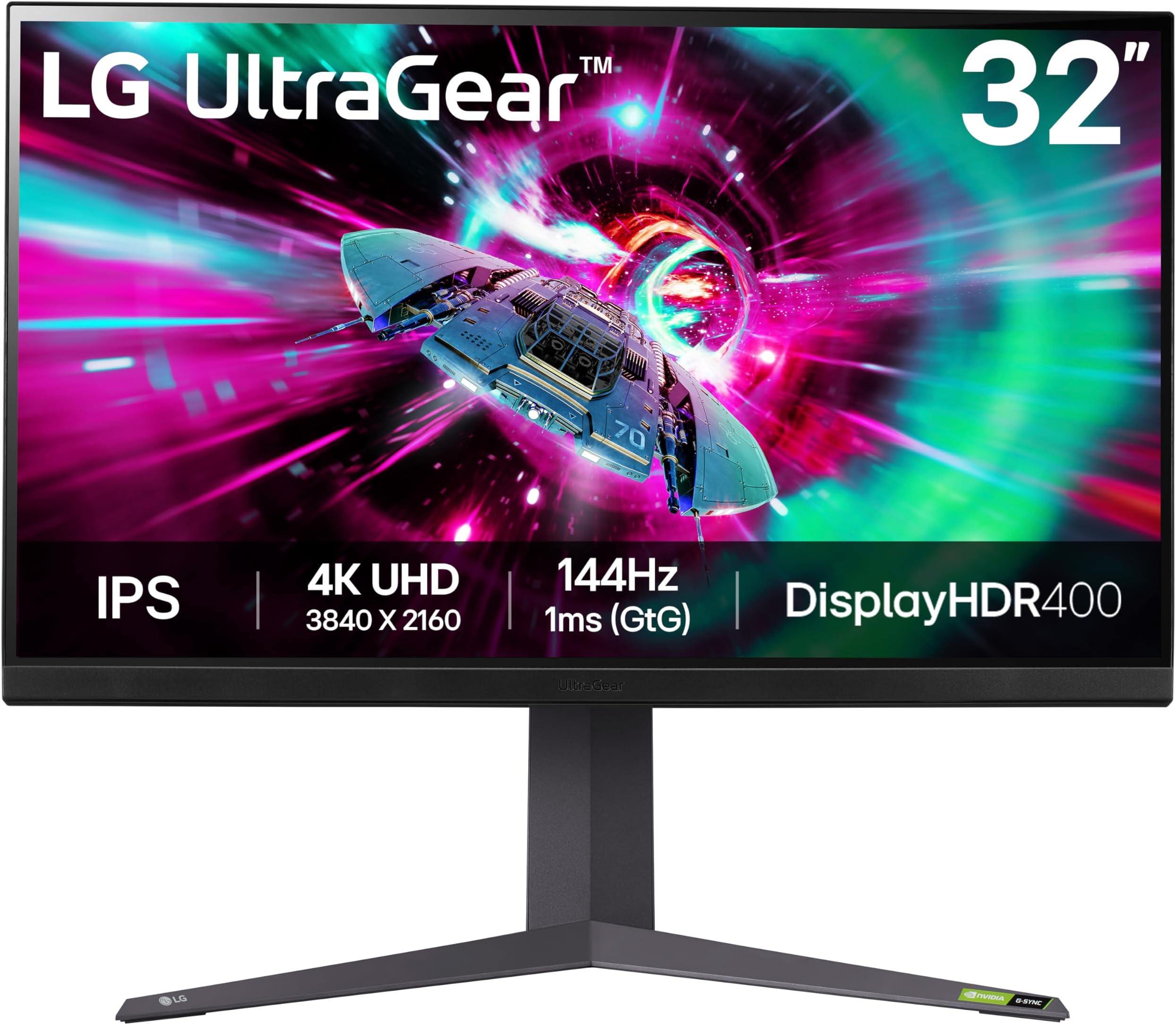 LG UltraGear 4K Gaming Monitor 32GR93U, 31.5 inch, 4K, 144Hz, 1ms GtG, IPS Display, HDR 10, NVIDIA G-Sync & AMD FreeSync compatible, Smart Energy Saving, Displayport, HDMI