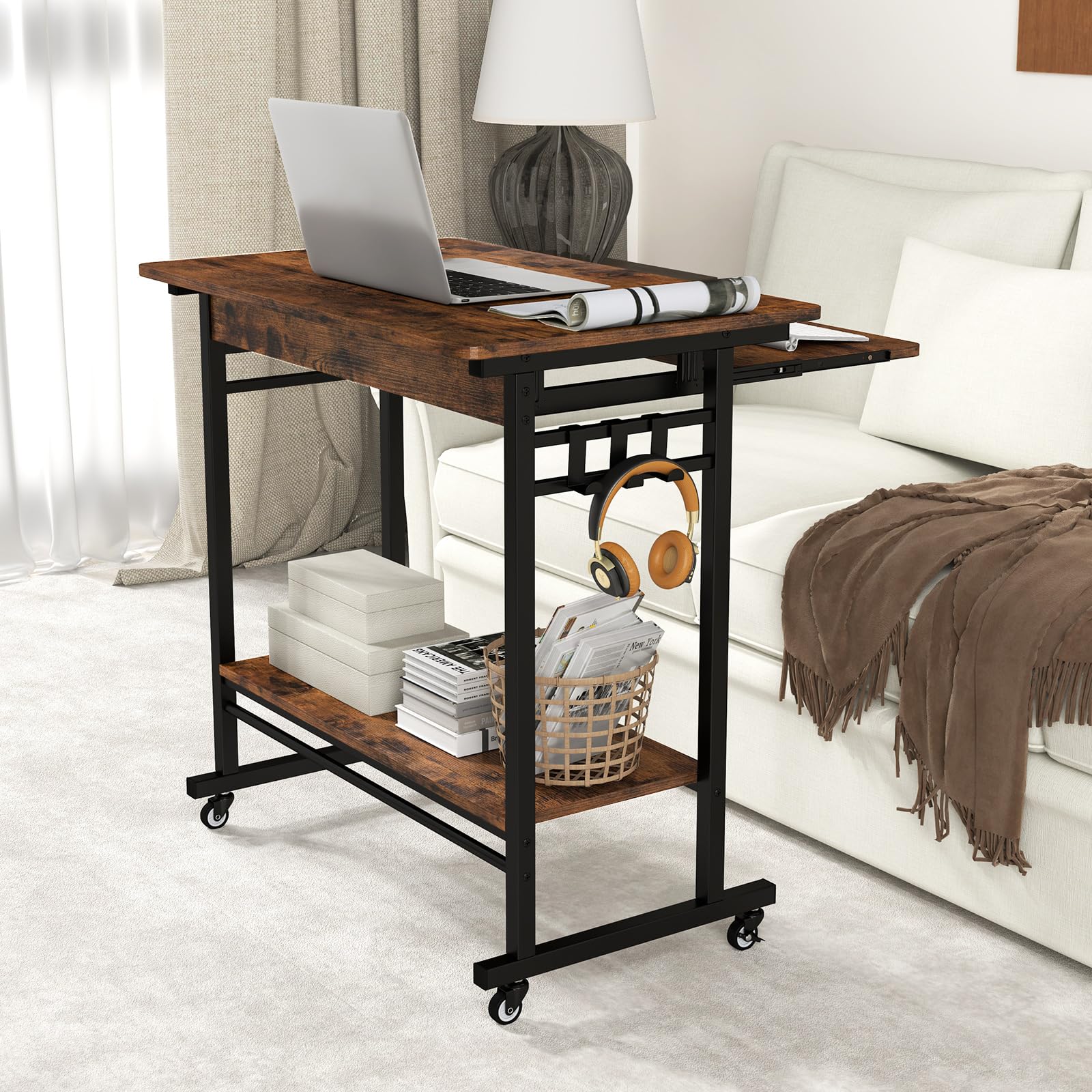 COSTWAY Scrivania con Ruote, Vassoio per Tastiera, Supporto per CPU e Ganci, Scrivania Moderna in Legno e Metallo per Salotto e Camera da Letto, 80 x 50 x 78 cm (Marrone)