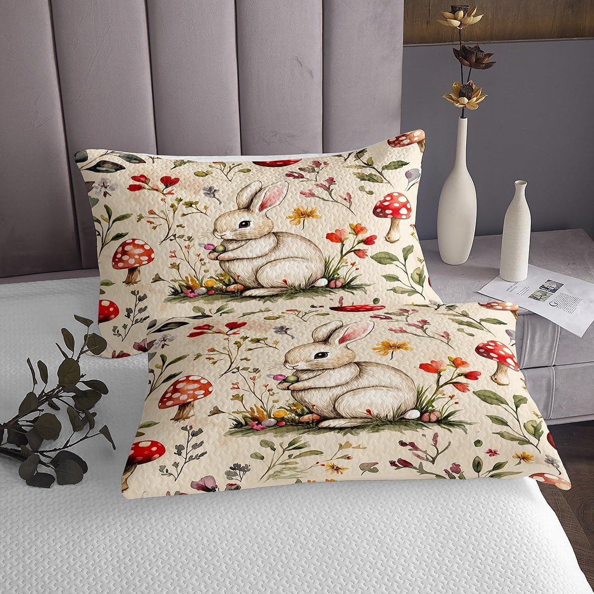 jejeloiu Rabbit Bedspread King Size Kids Buuny Floral Flower Coverlet Set for Boys Girls Teens Mushroom Quilted Coverlet Breathable Easter Quilted Room Decor