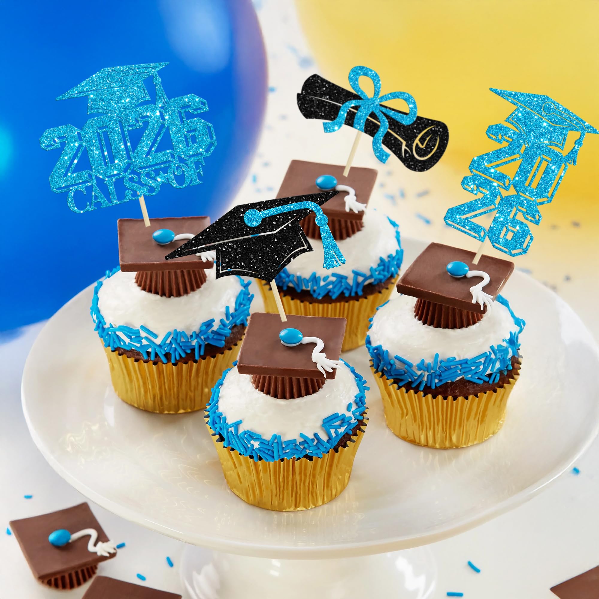 Gyufise 36Pcs 2026 Graduation Theme Cupcake Toppers Glitter Class of 2026 Graduation Cap Diploma Cupcake Picks 2026 Graduate Theme Party Cake Decorations Supplies Light Blue - Image 4
