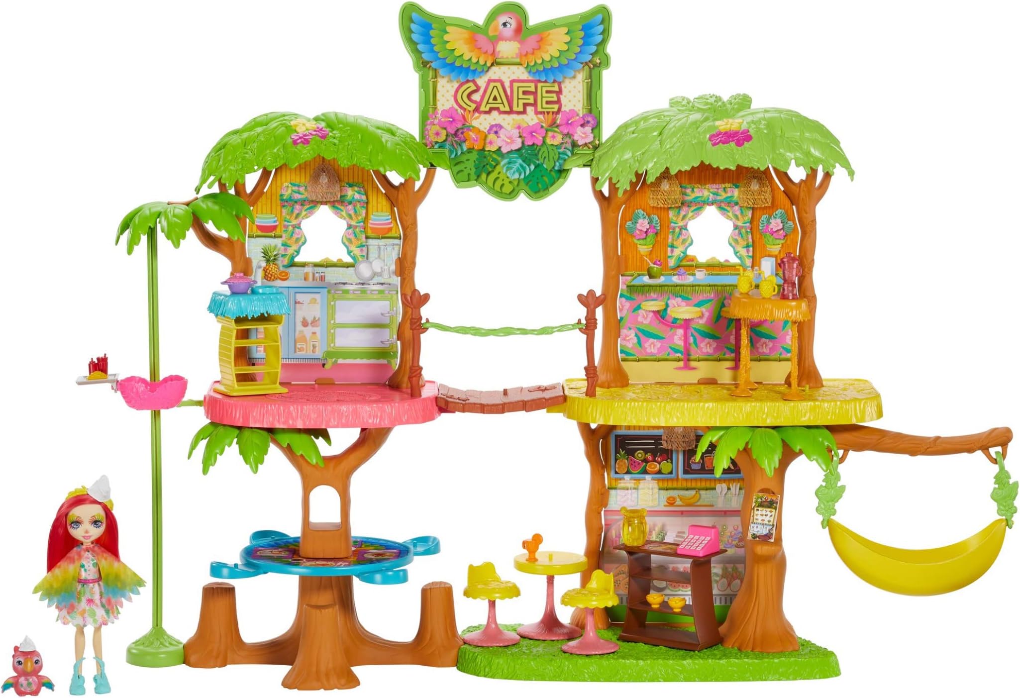 Mattel Enchantimals Junglewood Cafe Playset (-2 feet) with Peeki Parrot Doll (6-inch) and 15+ Removable Accessories