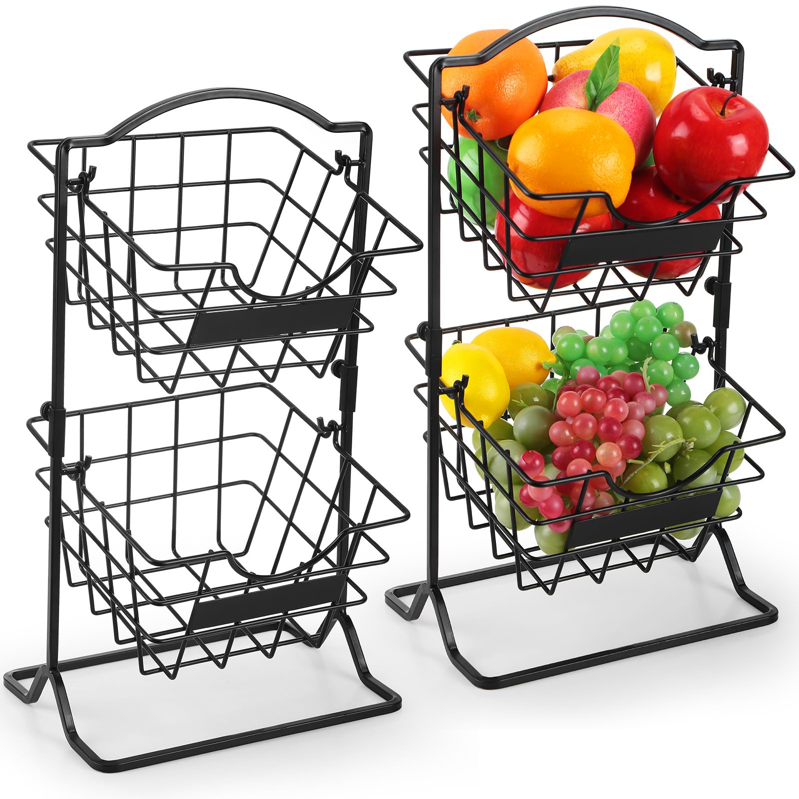 Uiifan 2 Sets 2 Tier Metal Mini Countertop Fruit Storage Basket Small Farmhouse Fruit Basket for Kitchen Counter Fruit and Vegetable Storage for Countertop Vegetable Potato Onion Snacks, Black