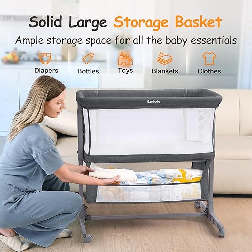Miniatura 4 de Ezebaby Cuna junto a la cama para bebé, moisés portátil junto a la cama para recién nacidos con ruedas, cesta de almacenamiento, ajustable a 7