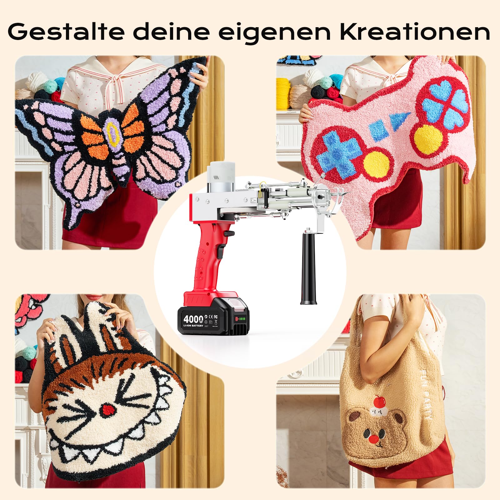 BESGEER Akku-Teppich-Tufting-Pistole mit Teppichschneide-Set, Tufting Gun Starter Kit inkl. 2 Stück 4,0Ah Batterien, 2-in-1-Tufting Kit Complete für Schnitt- und Schlingflor