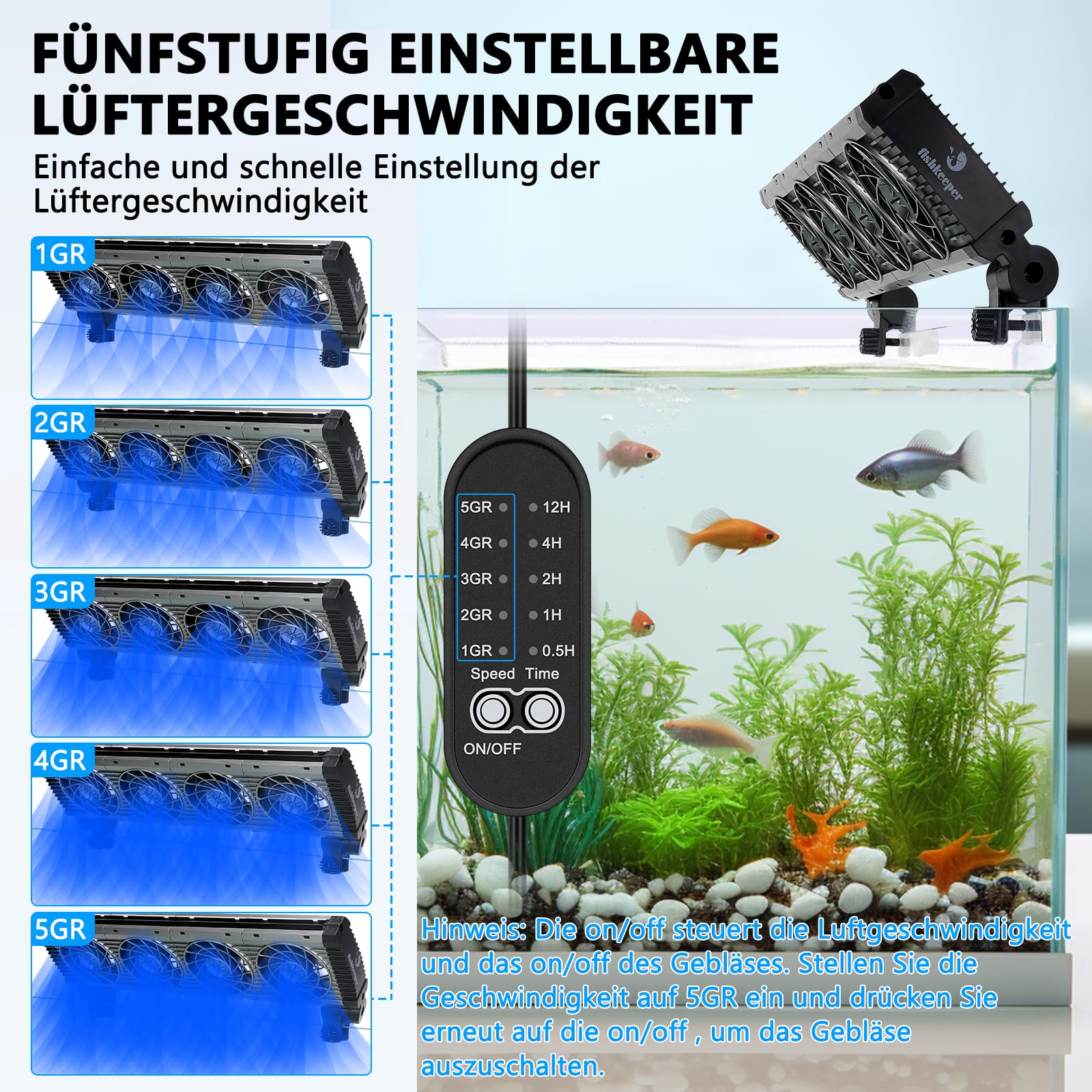 fishkeeper Aquariumkoeler, aquariumventilator, aquariumwaterkoeler, instelbare luchtsnelheid en timer, stille aquariumventilator voor zoetwater-zoutwateraquaria tot 30 cm (1 ventilator fishkeeper Aquariumkoeler, aquariumventilator, aquariumwaterkoeler, instelbare luchtsnelheid en timer, stille aquariumventilator voor zoetwater-zoutwateraquaria tot 30 cm (1 ventilator