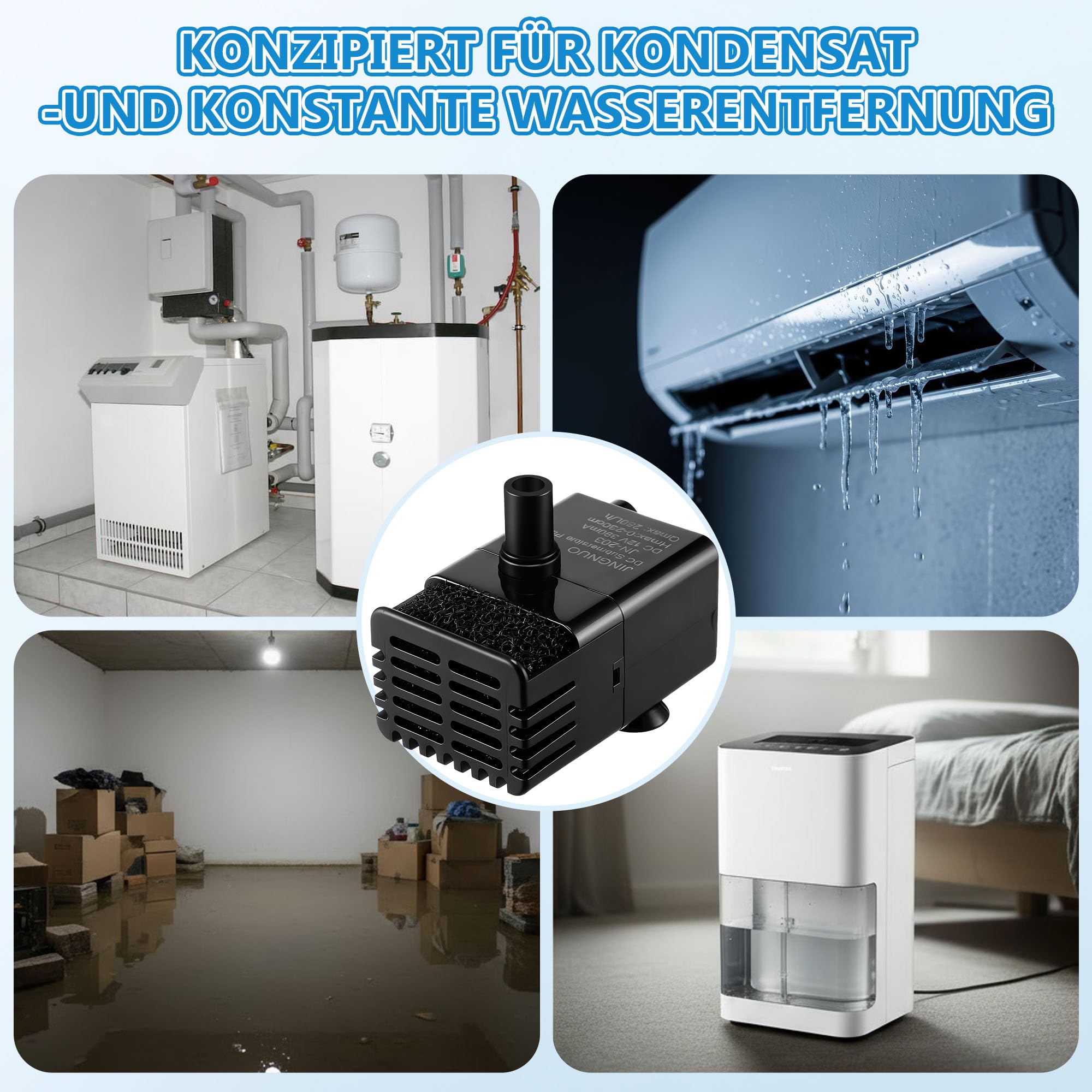 Weewooday Pompe mini automatique avec capteur d eau, tuyau 2,5 m & clapet, 280 L/h pour clim, déshumidificateur, sous-sol, machine à glaçons marche/arrêt automatique & silencieuse